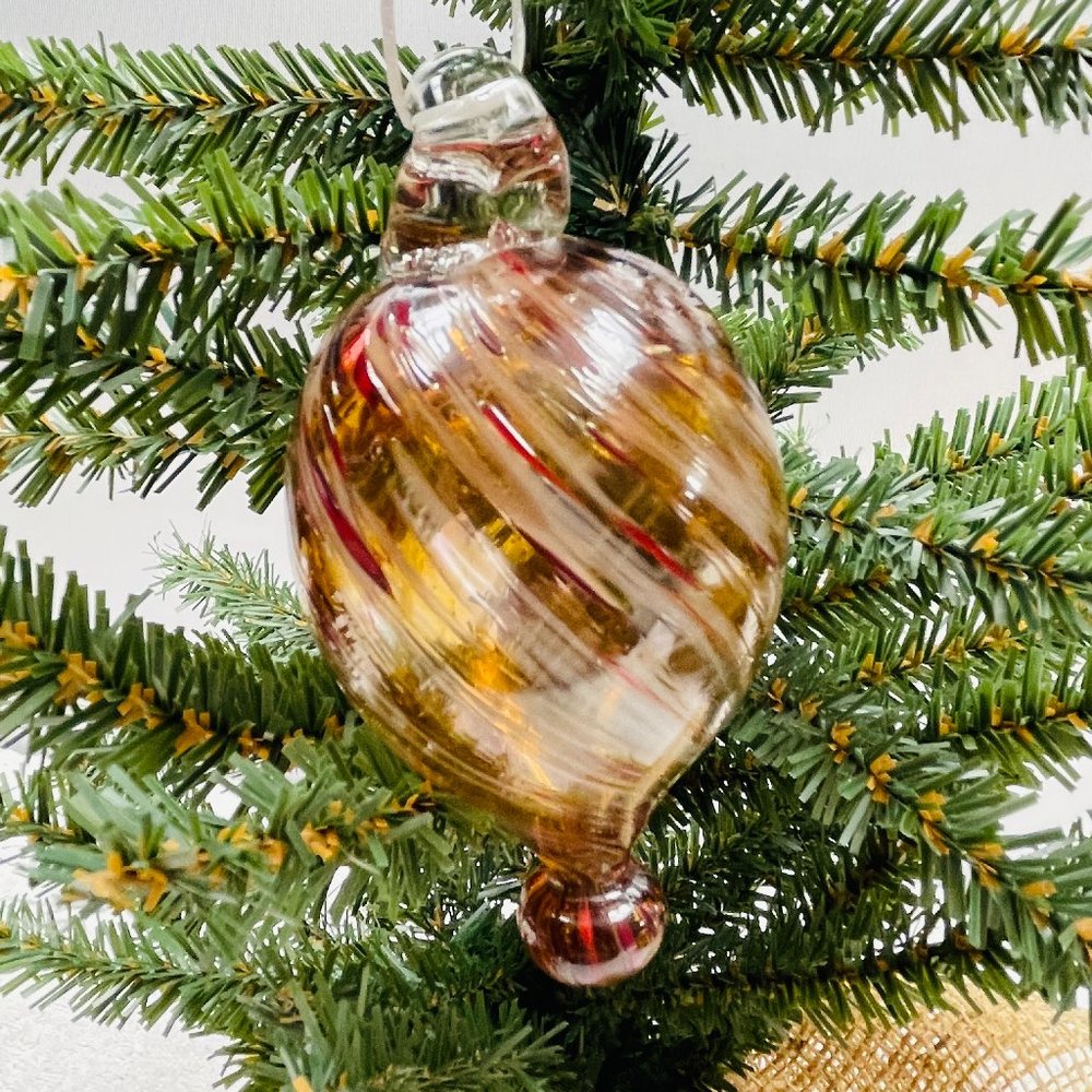 EUC Handblown Glass Ornament, Amber w/Wht, Red & Gold Brush Strokes, 4" T x 2" D